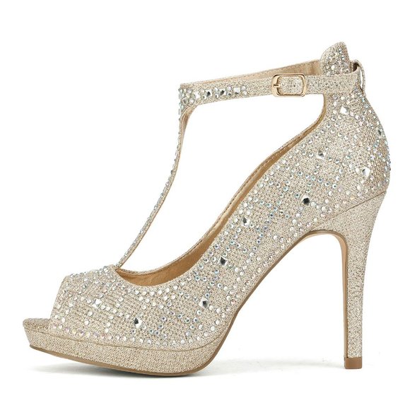 NIB DREAM PAIRS Women's Gold Glitter Open Toe High Heel Platform T-Strap Size 6 - Picture 4 of 9